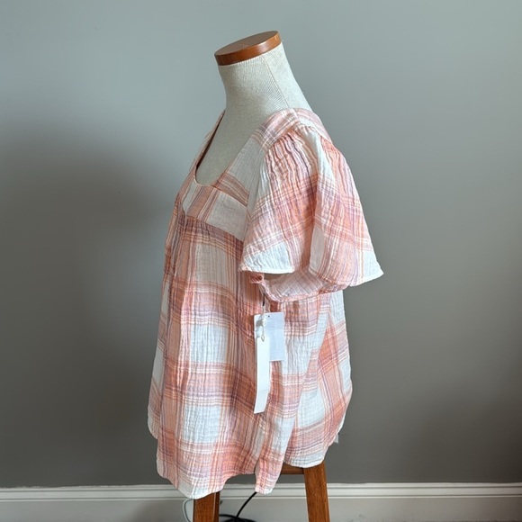 NWT!! Caslon - Stripe Cotton Popover Top In Ivory- Coral Nora Plaid - Medium - Picture 6 of 8